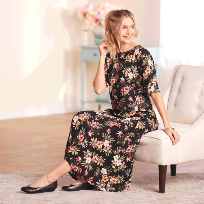 Short-Sleeve Floral Crinkle Dress, Black Floral, large