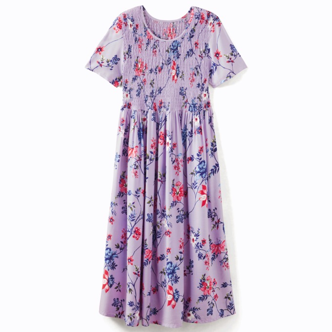 Smocked-Waist Dress, Lilac Floral, large