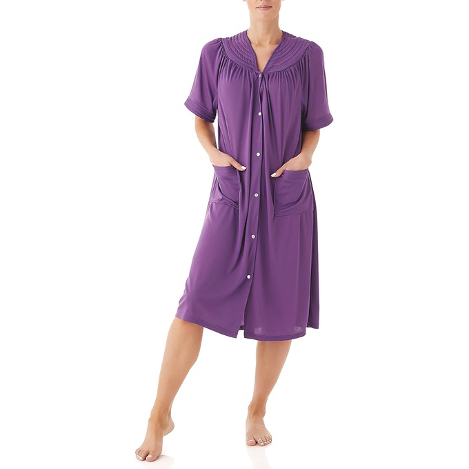 Short-Sleeve Snap-Front Duster - Solid, Purple, large