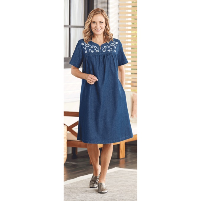 Short Sleeve Denim Patio Dress, Dark Denim, large