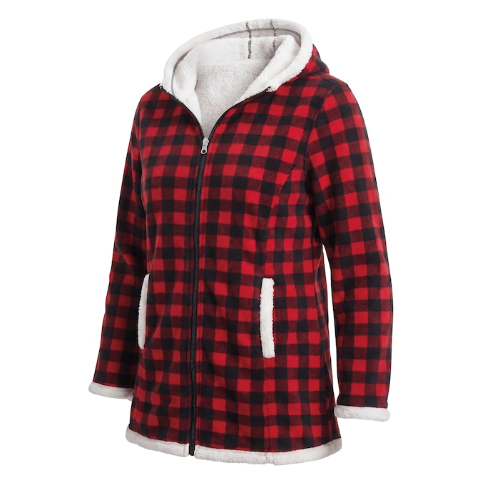 Women's Microfleece Zip-Front Coat with Faux-Sherpa Lining and Hood, , large