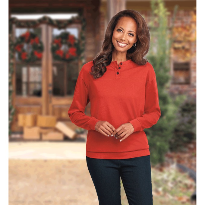 Long-Sleeve Banded-Bottom Henley, , large