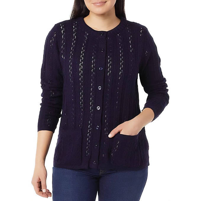 Cable Knit Cardigan, Navy, large