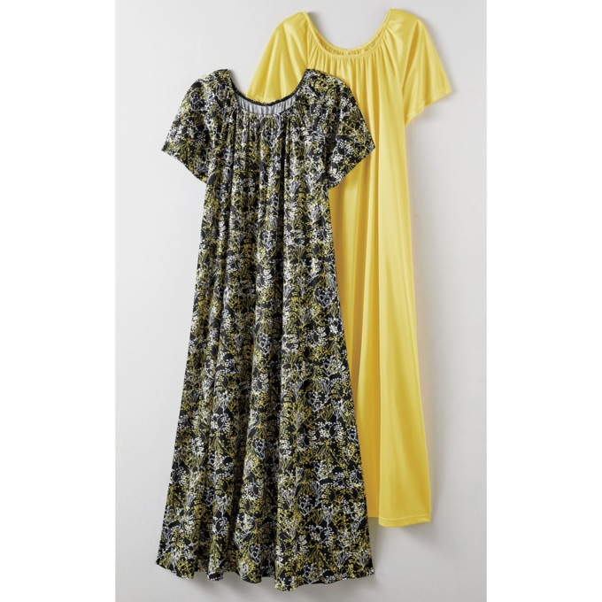 2-Pack Long Tricot Nightgowns, Wispy Floral Yellow, large