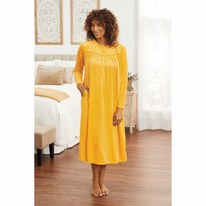 Long-Sleeve Velour Nightgown, , large