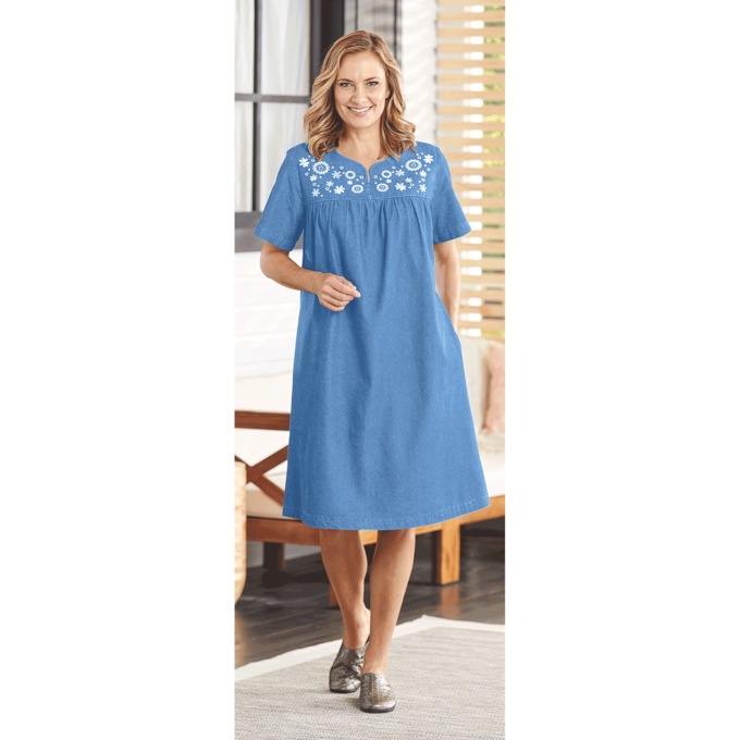 Short Sleeve Denim Patio Dress, Light Denim, large