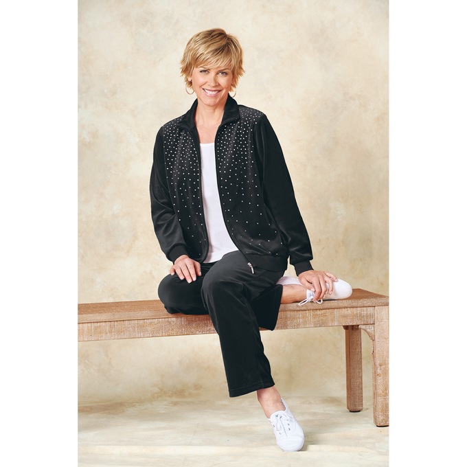 Velour Pant Set with Rhinestones, Black, large