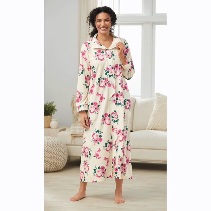 Ribbed Fleece Robe, Ivory Pink Floral, large