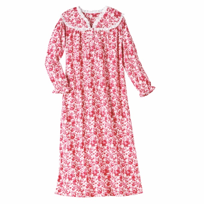 Flannel Nightgown with Lace Trim, Soft Pink, large