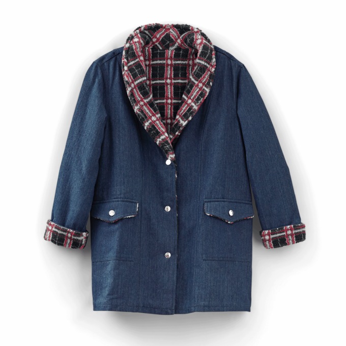 Denim Shearling Coat, Dark Denim Plaid, large