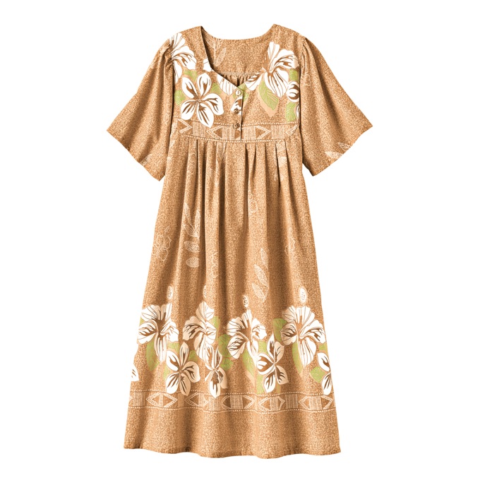 Border Print Patio Dress, Camel Bold Floral, large