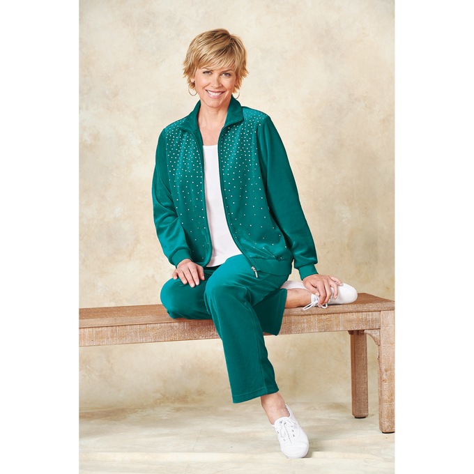 Velour Pant Set with Rhinestones, Emerald, large