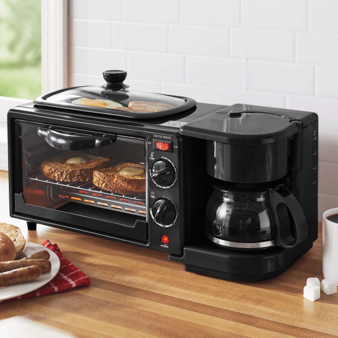 3-in-1 Breakfast Maker with Grill, Bake, Toast & Brew Functions, , large