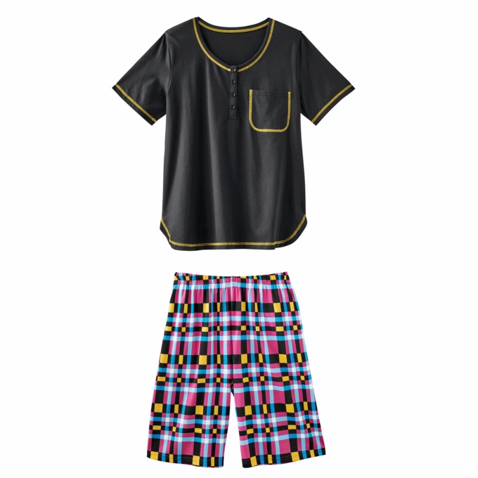 Plaid Knit Shorty PJs, Black/Multi, large