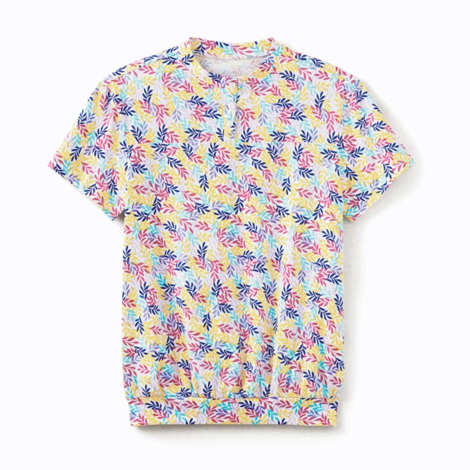 Banded Bottom Henley, Abstract White Print, large