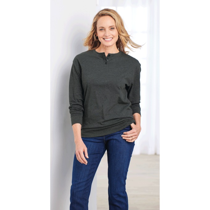 Long-Sleeve Banded-Bottom Henley, , large