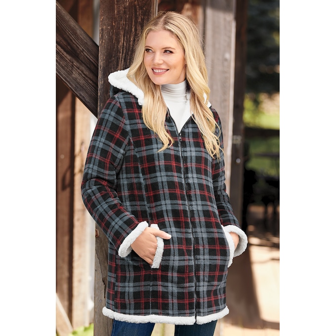 Women's Microfleece Zip-Front Coat with Faux-Sherpa Lining and Hood, , large