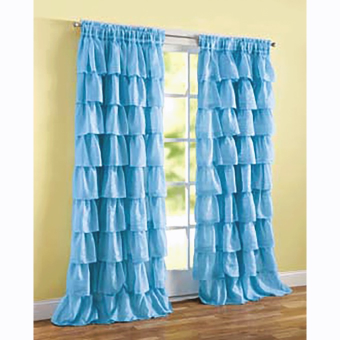 Ruffled, Layered Curtain Panel, Blue, large