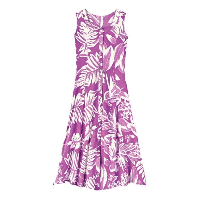 Sleeveless Button-Front Print Sundress, Purple White, large