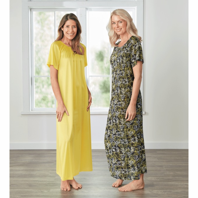 2-Pack Long Tricot Nightgowns, Wispy Floral Yellow, large