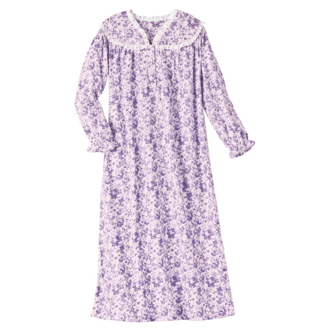 Flannel Nightgown with Lace Trim, Soft Lilac, large