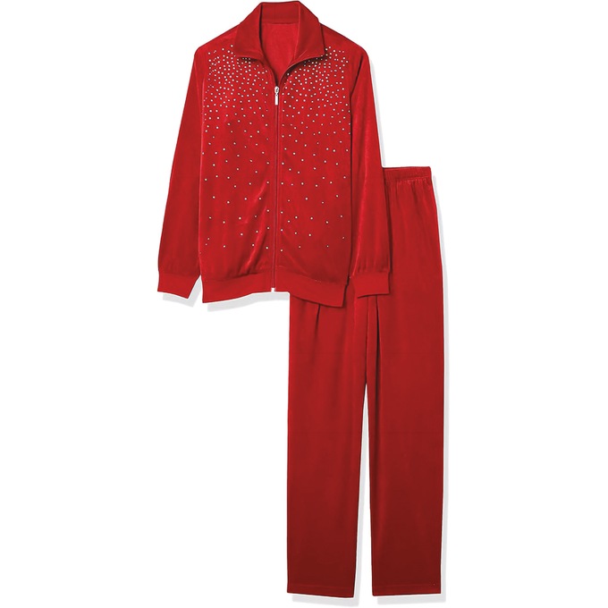 Velour Pant Set with Rhinestones, Red, large
