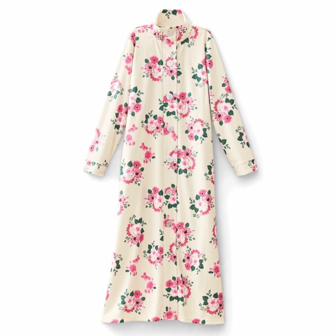Ribbed Fleece Robe, Ivory Pink Floral, large